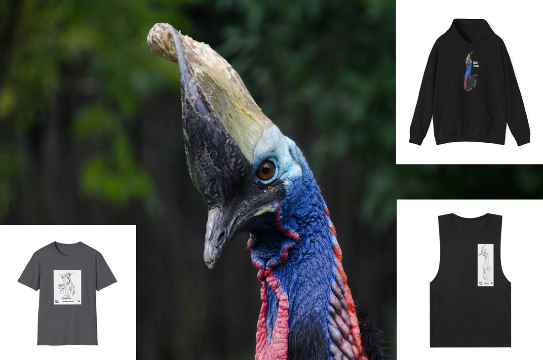 Picture of cassowary surrounded by cool clothing with original cassowary designs