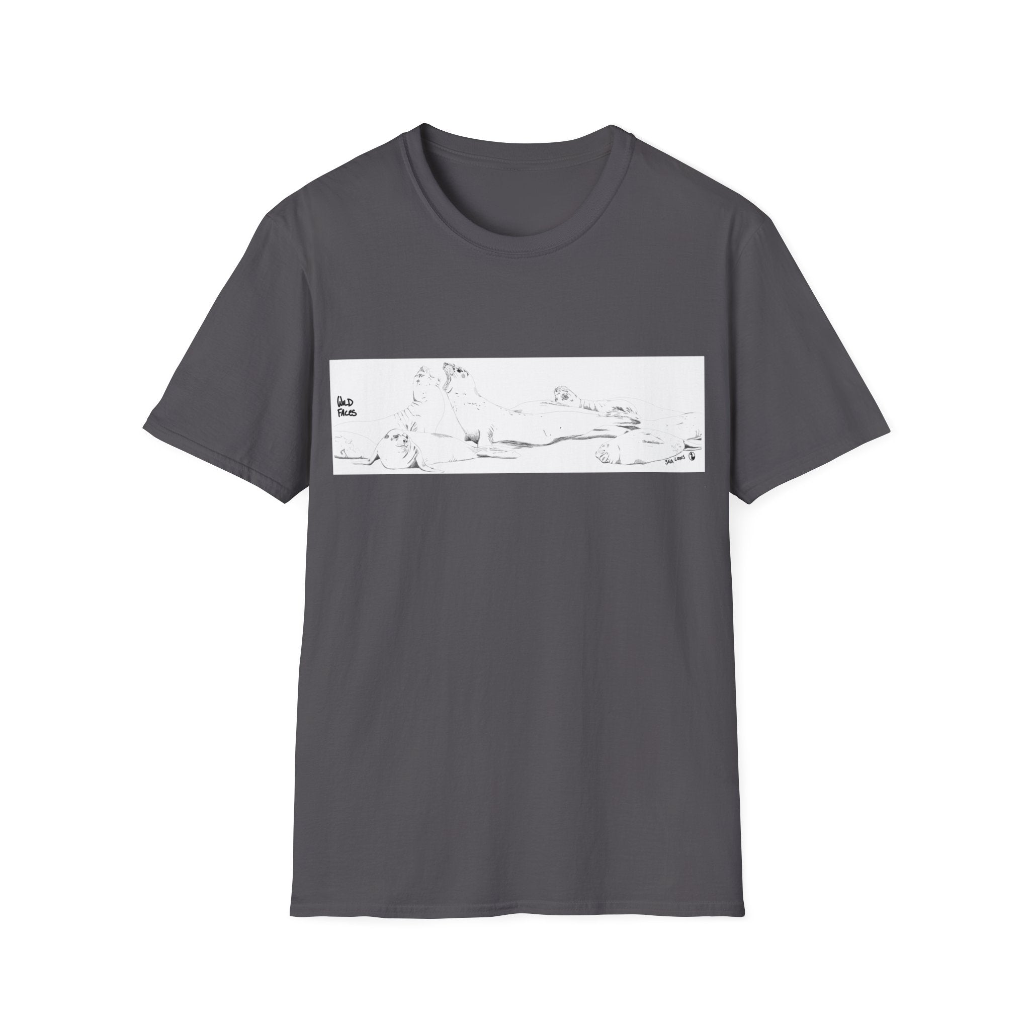 Shirt with original design of sealions basking on a beach and fighting