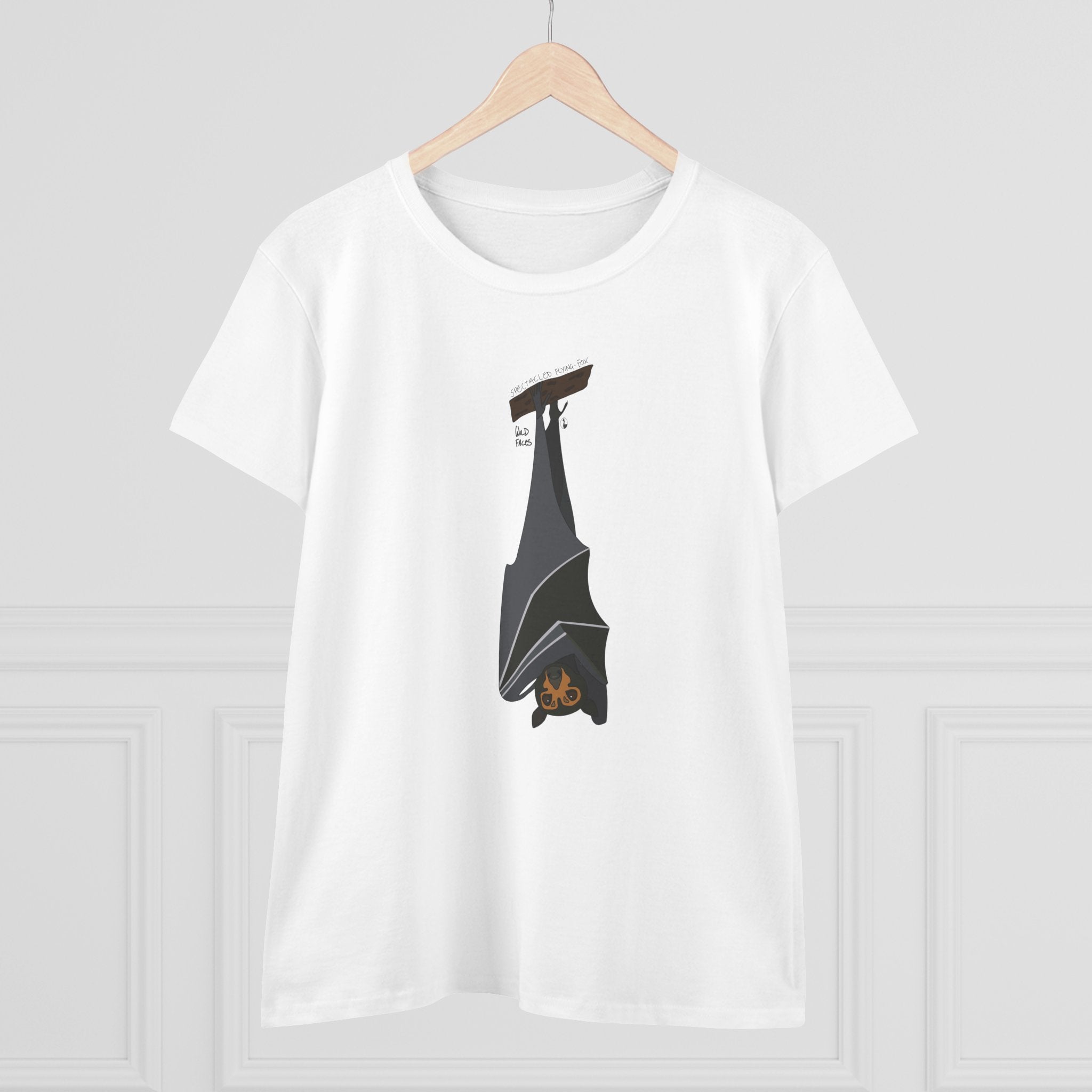 Design of a spectacled flying fox hanging from a branch of a womens shirt