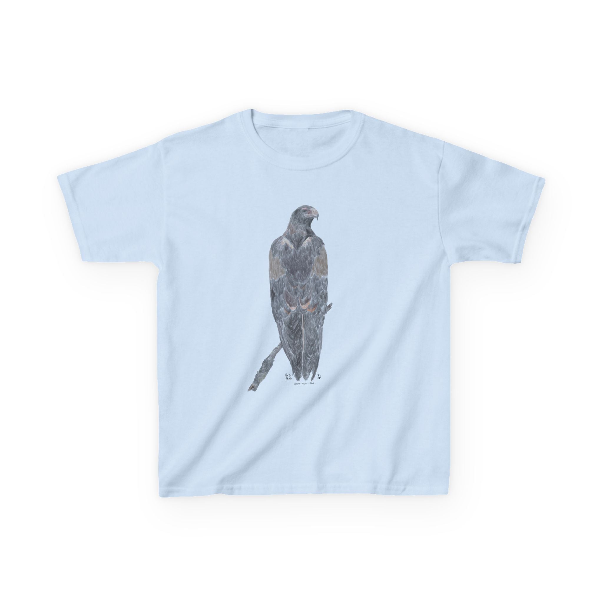 Design of a wedge-tailed eagle with pastels on a light blue tshirt