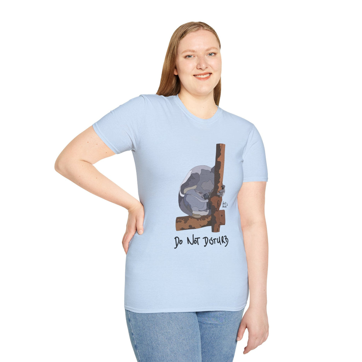 Woman with tee featuring funny koala line