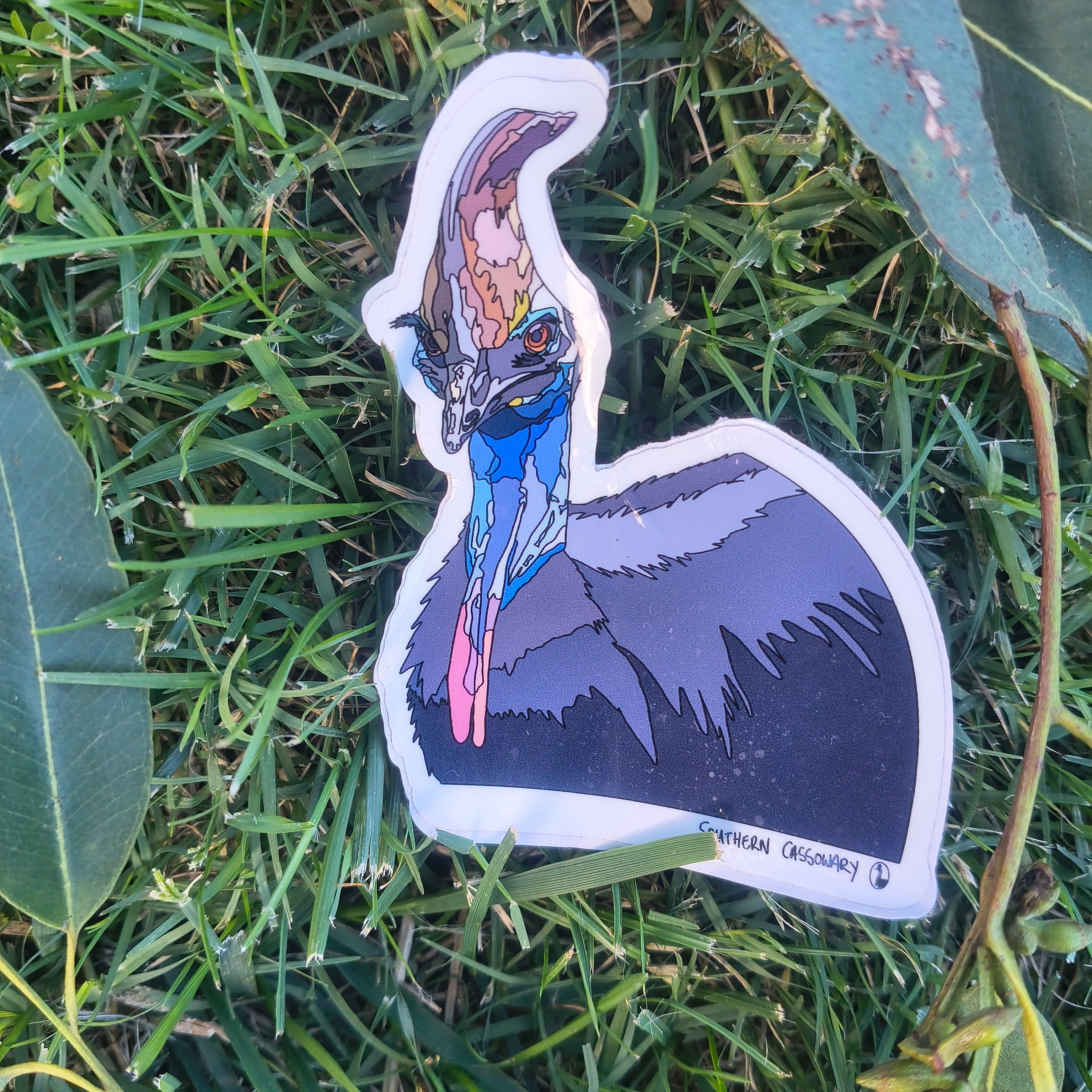 cassowary sticker on grass backdrop