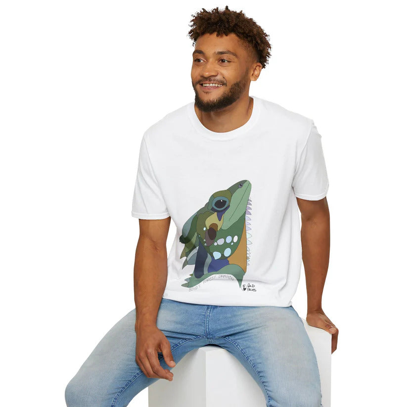 Man wearing a tshirt with a cool design of a boyd's forest dragon