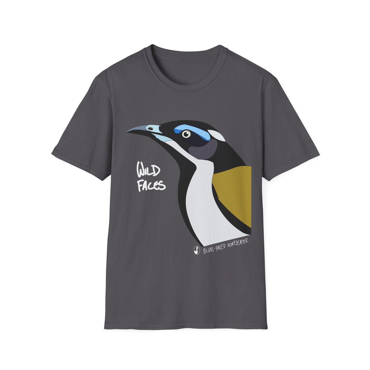 Blue-faced Honeyeater (white font)- Small design - Unisex Softstyle T-Shirt