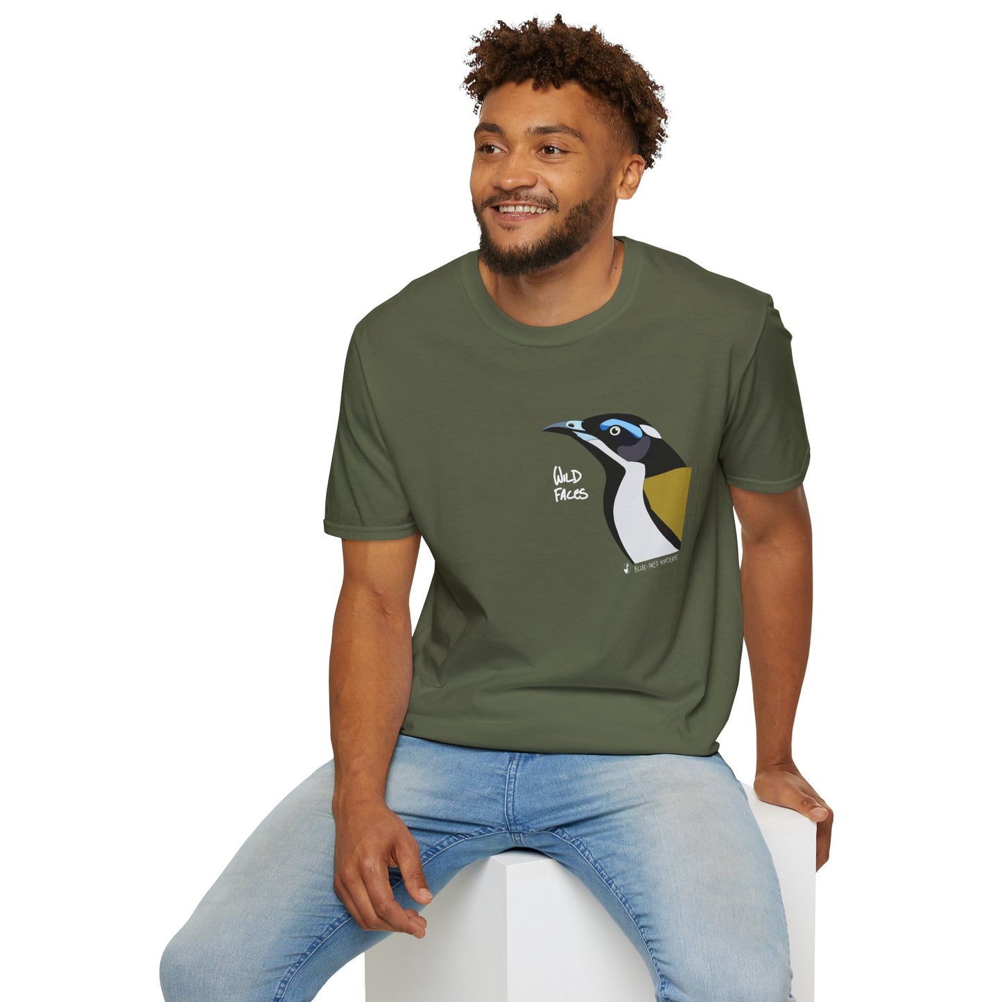 Blue-faced Honeyeater- Small design (white font)- Small design - Unisex Softstyle T-Shirt