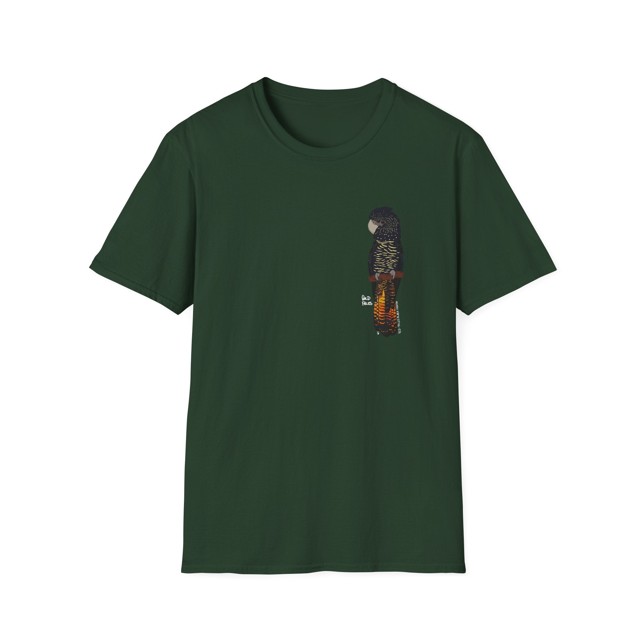 Red-tailed Black Cockatoo (white writing) - Small design - Unisex Softstyle T-Shirt