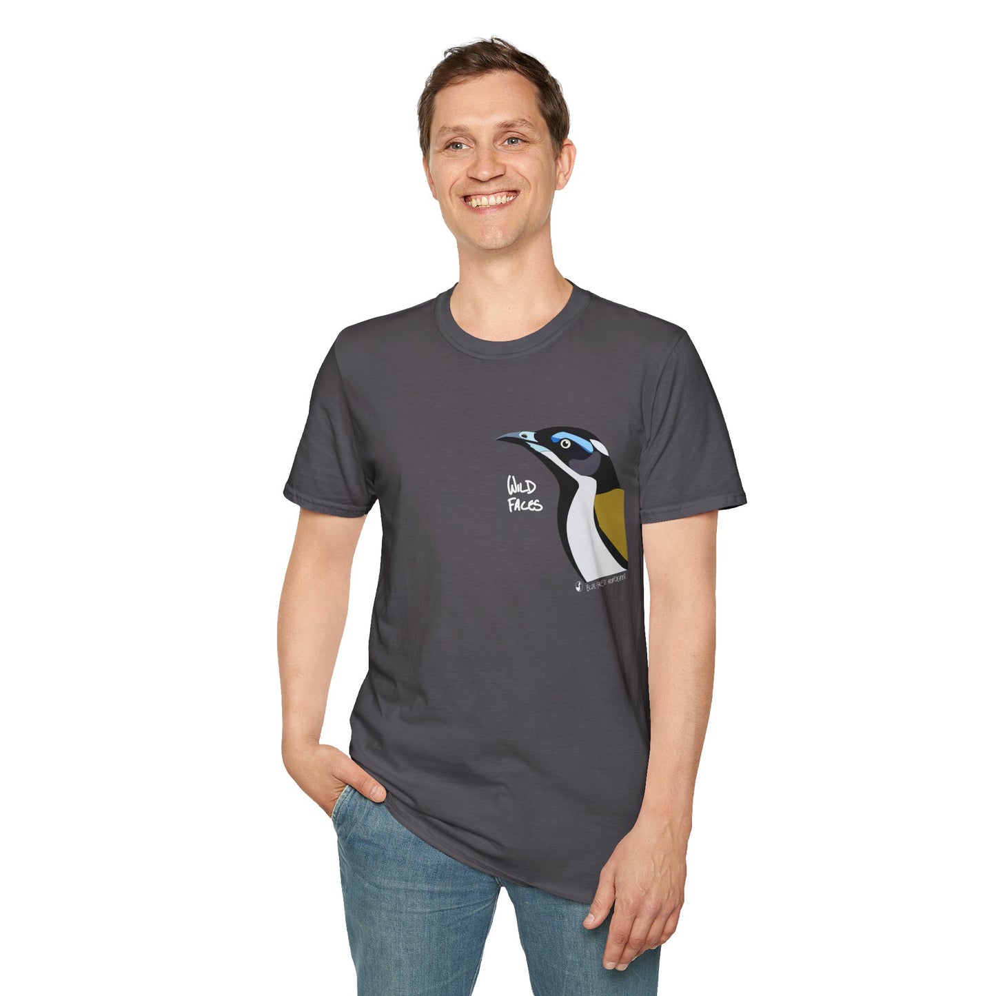 Blue-faced Honeyeater- Small design (white font)- Small design - Unisex Softstyle T-Shirt