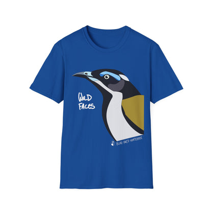 Blue-faced Honeyeater (white font)- Small design - Unisex Softstyle T-Shirt