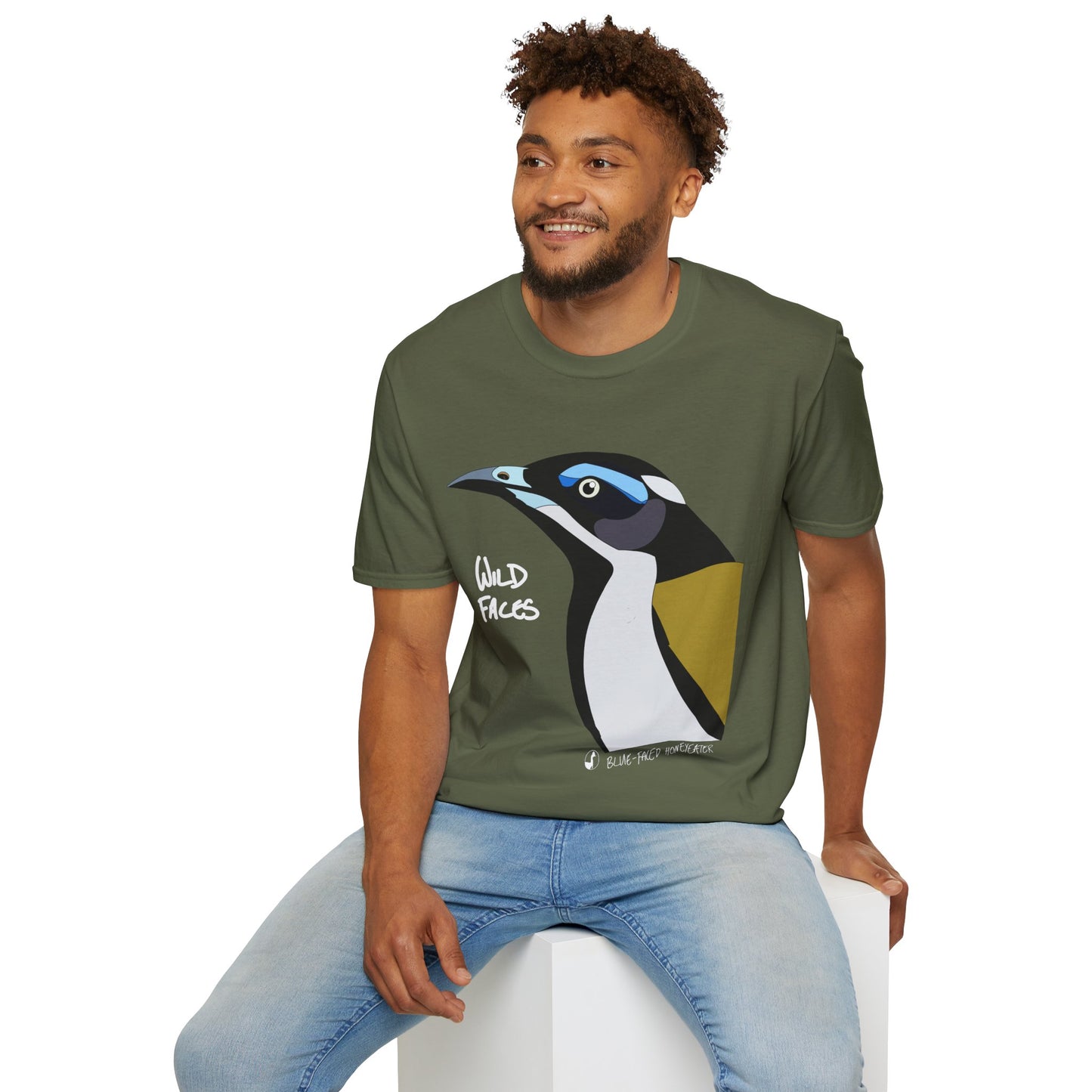 Blue-faced Honeyeater (white font)- Small design - Unisex Softstyle T-Shirt