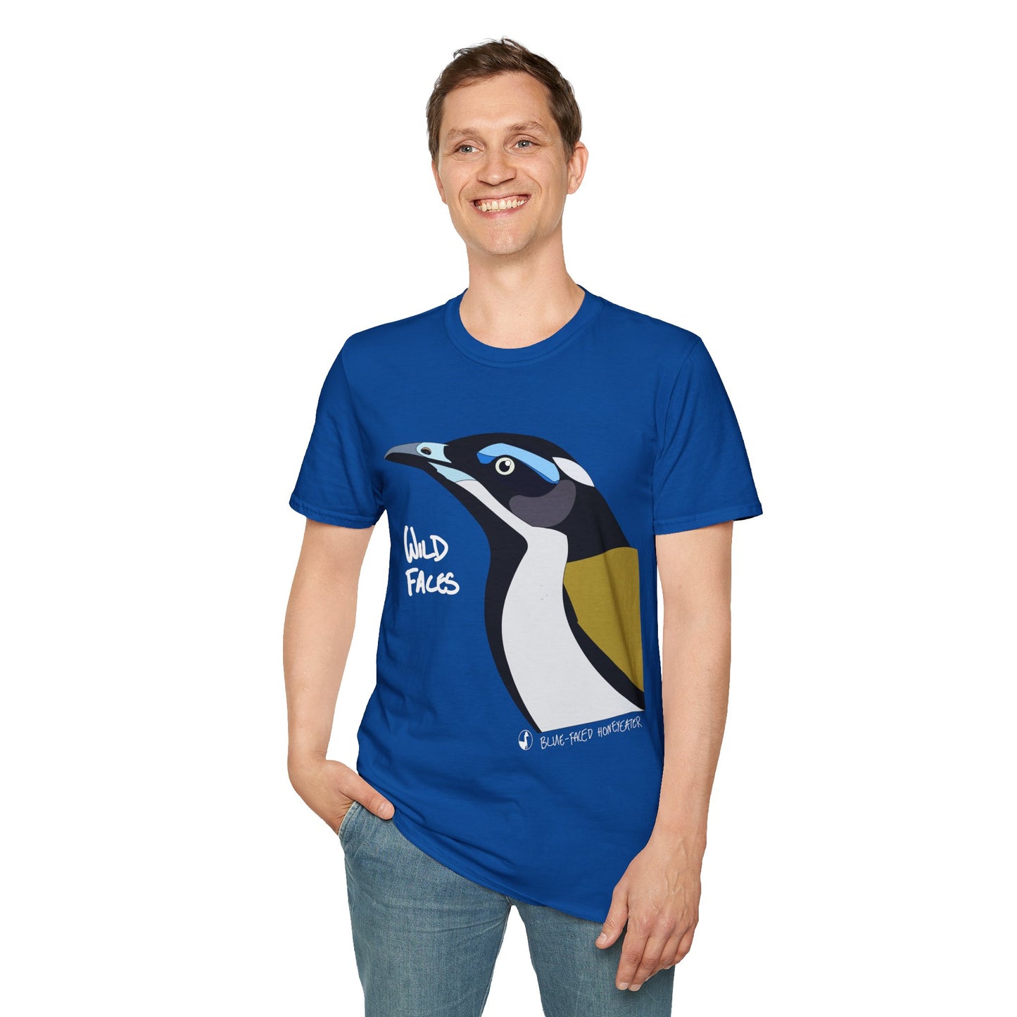 Blue-faced Honeyeater (white font)- Small design - Unisex Softstyle T-Shirt