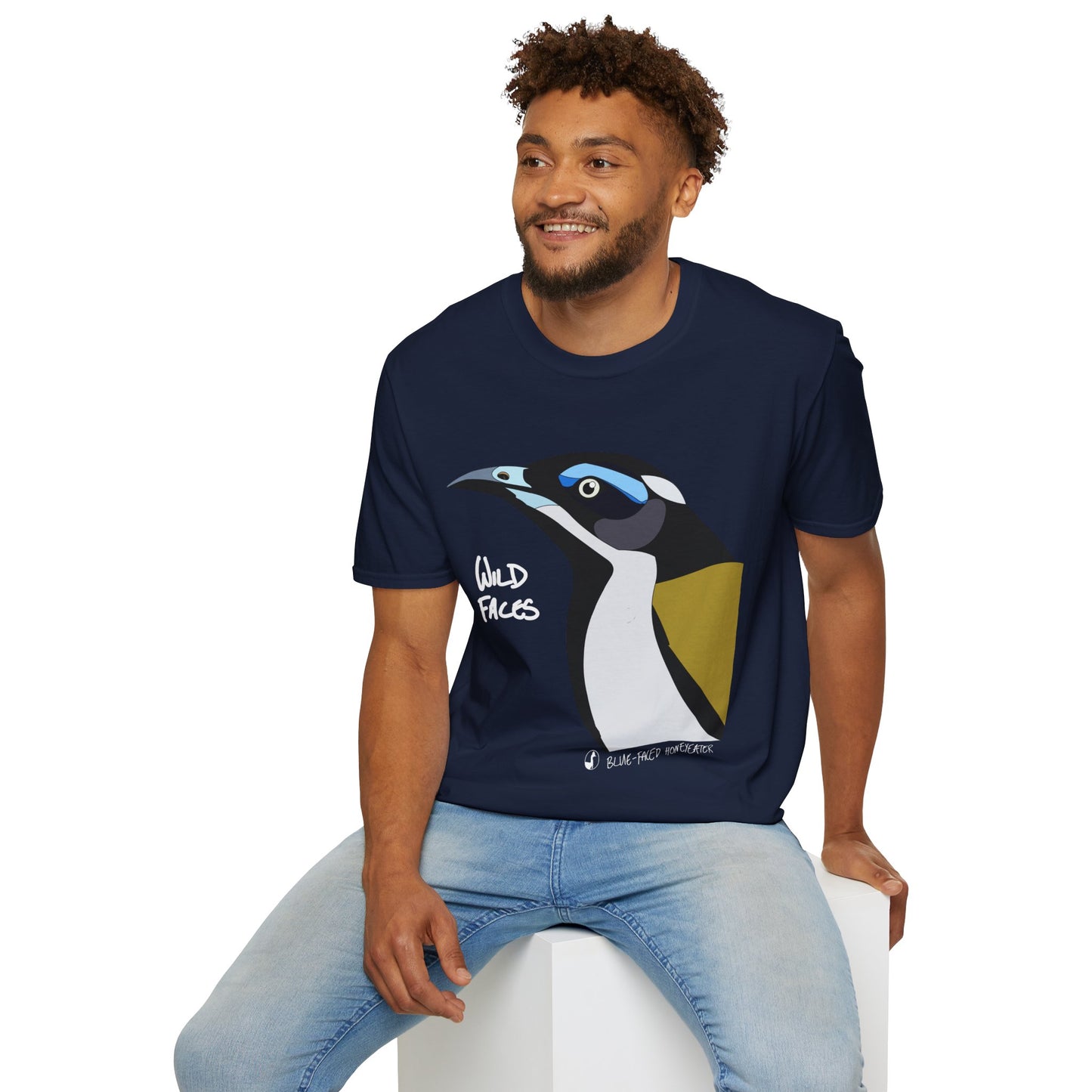 Blue-faced Honeyeater (white font)- Small design - Unisex Softstyle T-Shirt