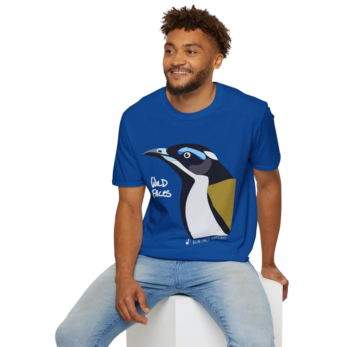 Blue-faced Honeyeater (white font)- Small design - Unisex Softstyle T-Shirt