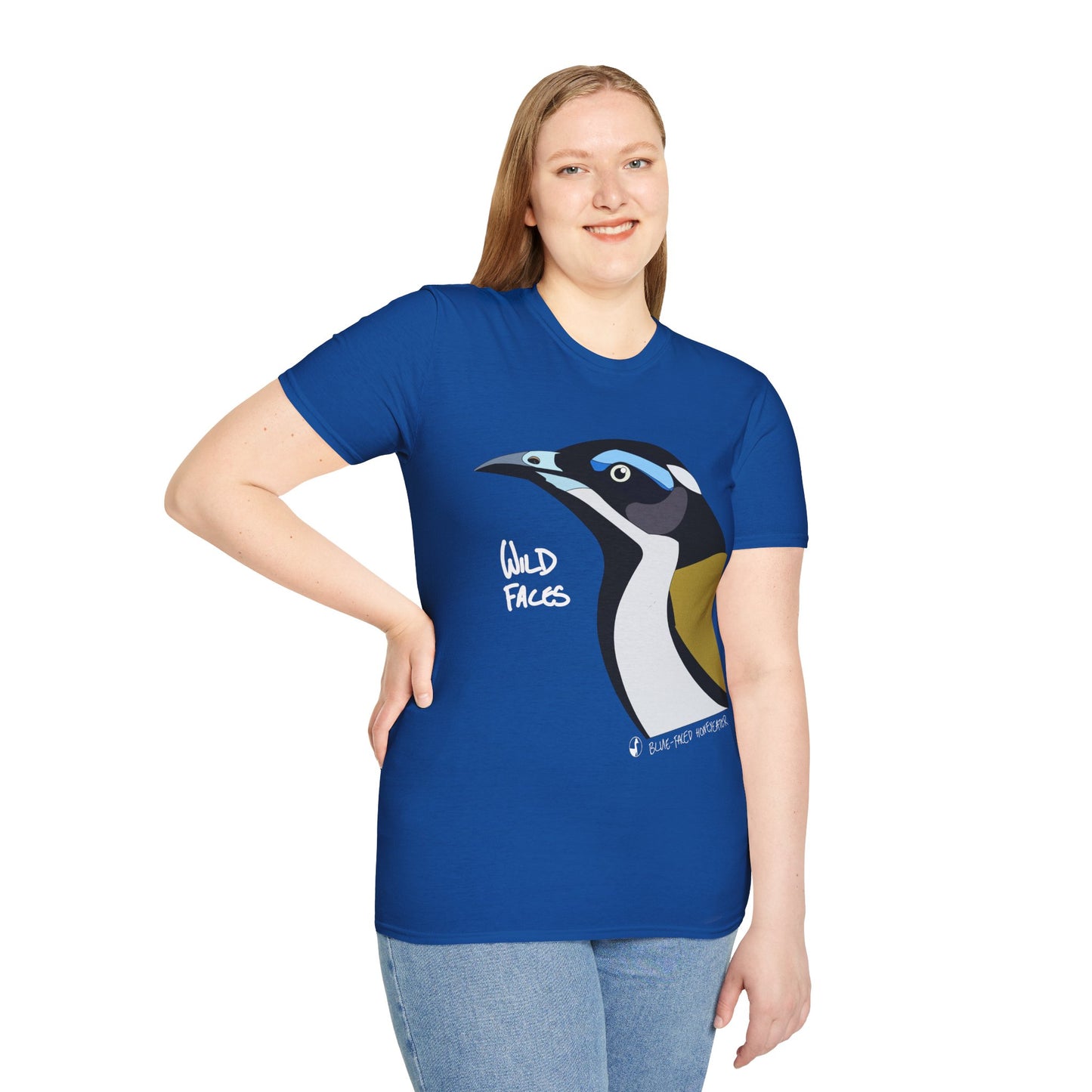 Blue-faced Honeyeater (white font)- Small design - Unisex Softstyle T-Shirt