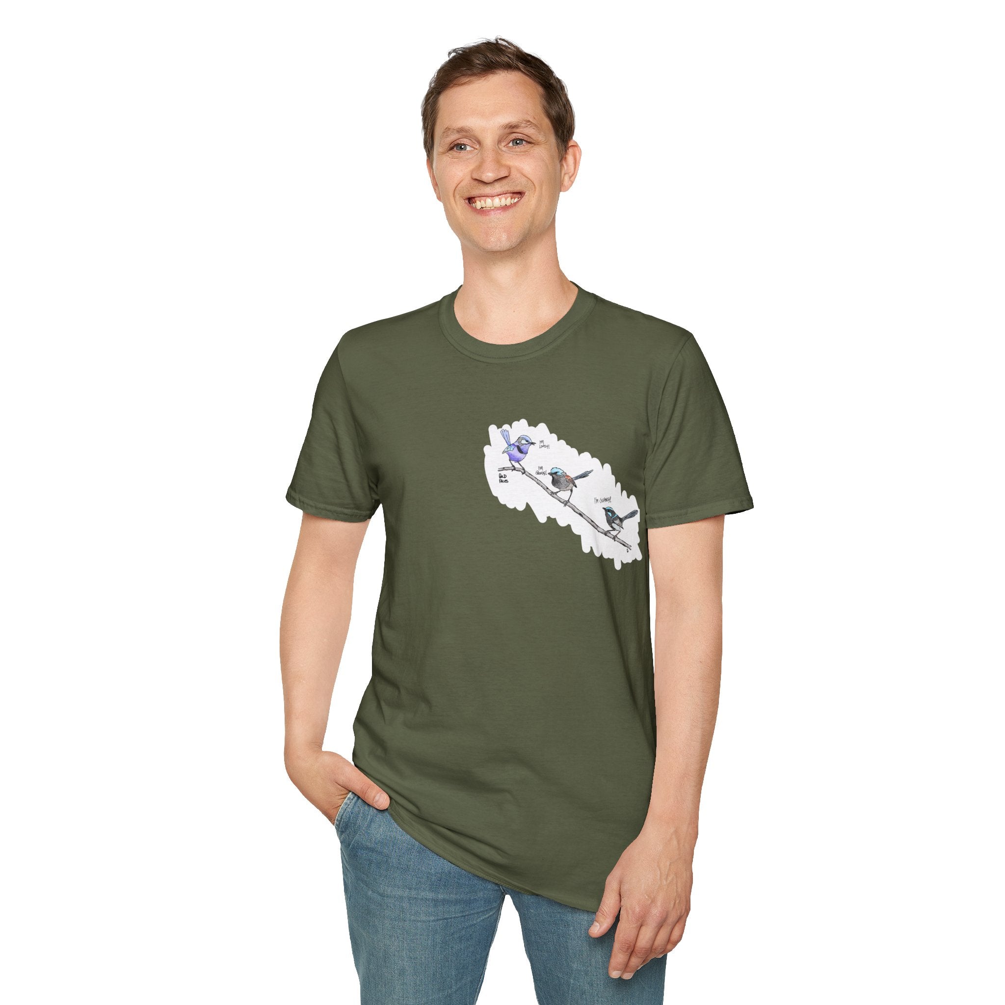 A trio of  Fairy-wrens (spendid, superb and lovely) - Small design - Unisex Softstyle T-Shirt Printify