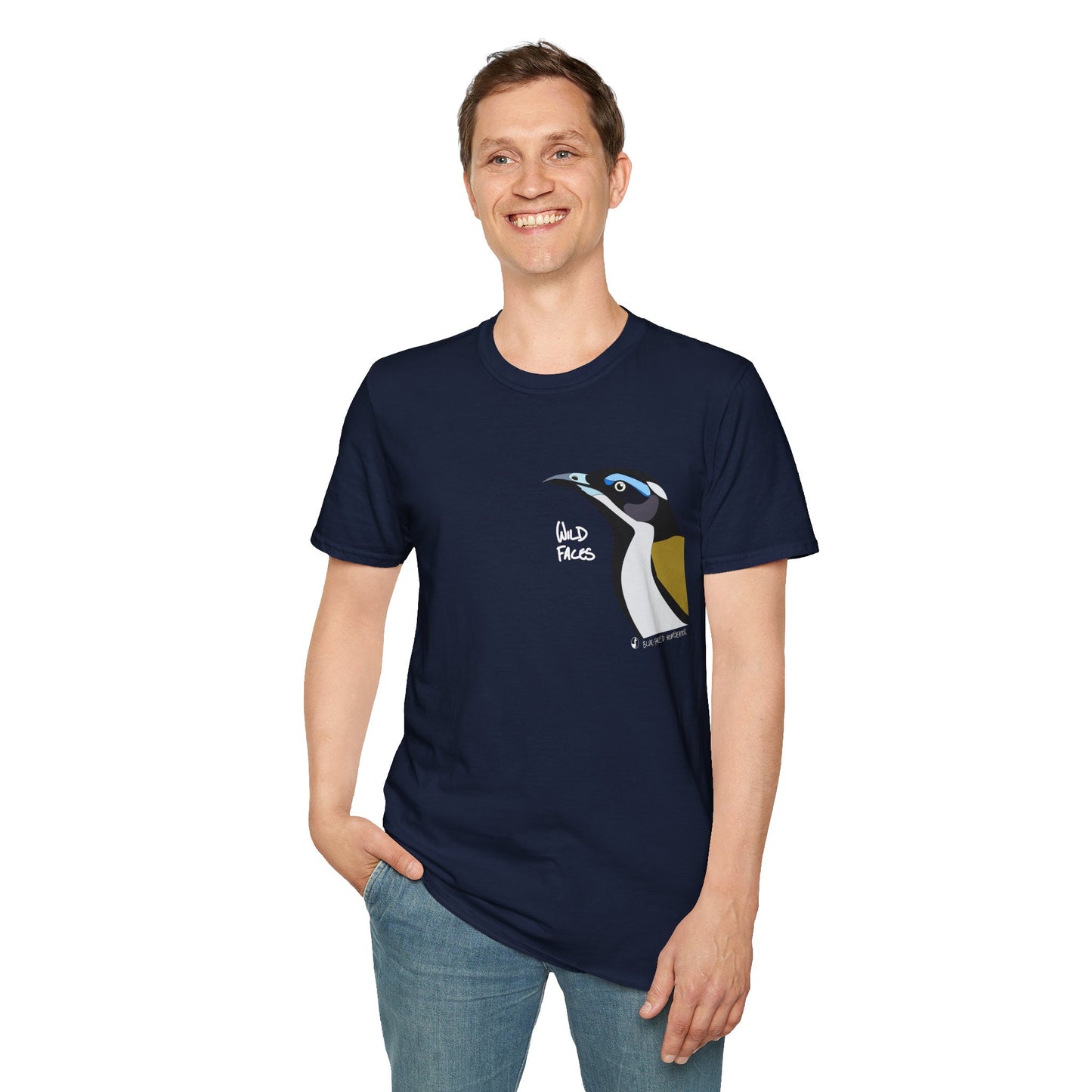 Blue-faced Honeyeater- Small design (white font)- Small design - Unisex Softstyle T-Shirt