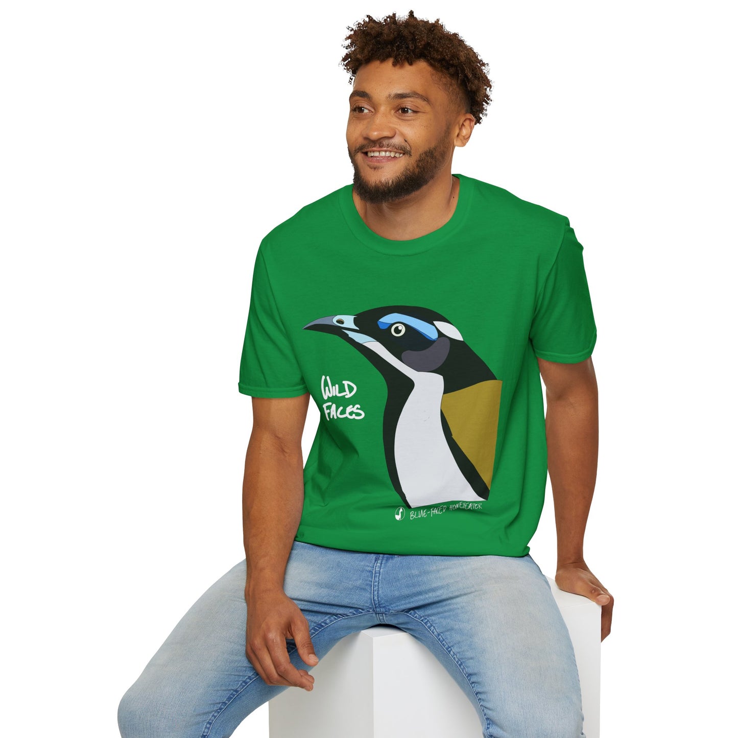 Blue-faced Honeyeater (white font)- Small design - Unisex Softstyle T-Shirt