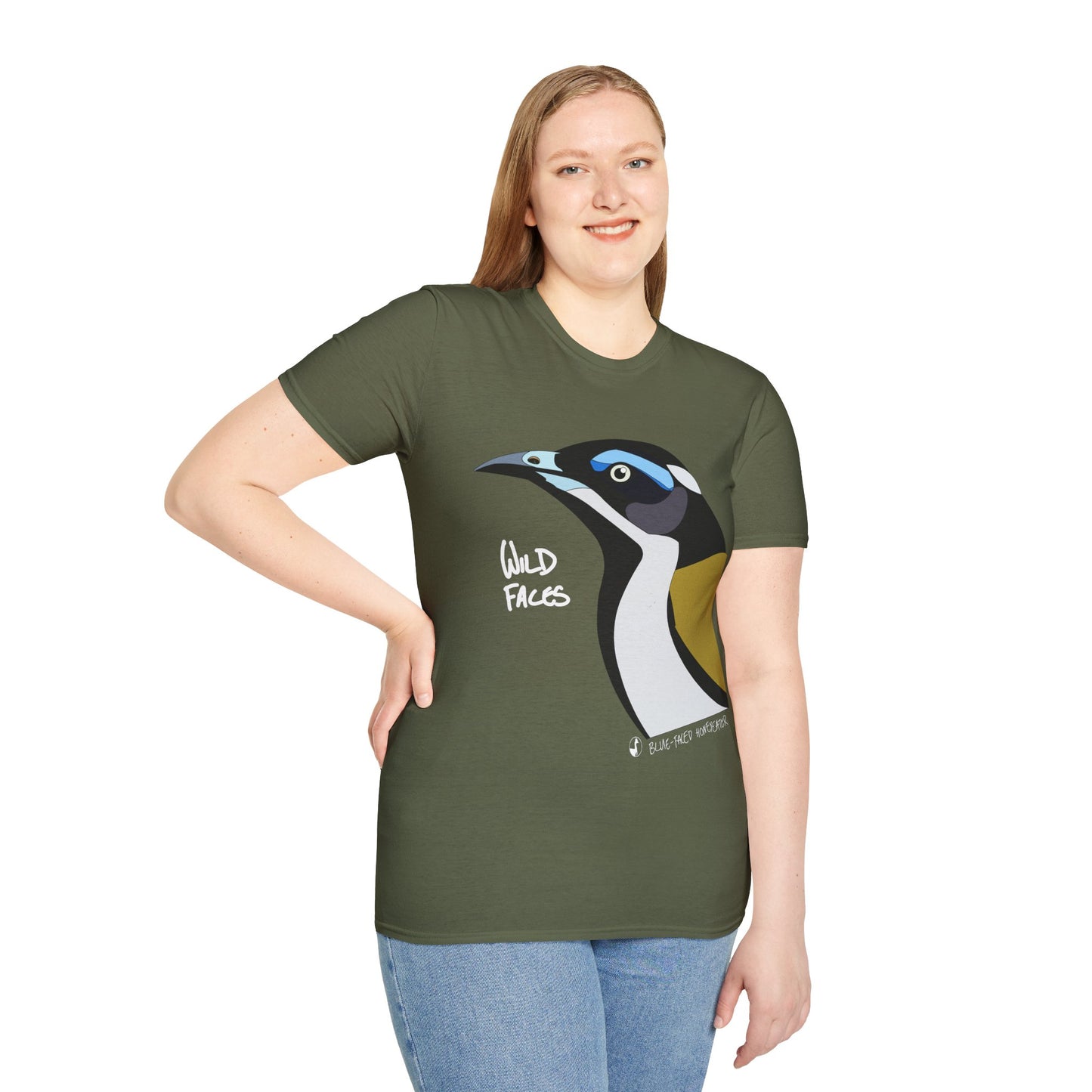 Blue-faced Honeyeater (white font)- Small design - Unisex Softstyle T-Shirt