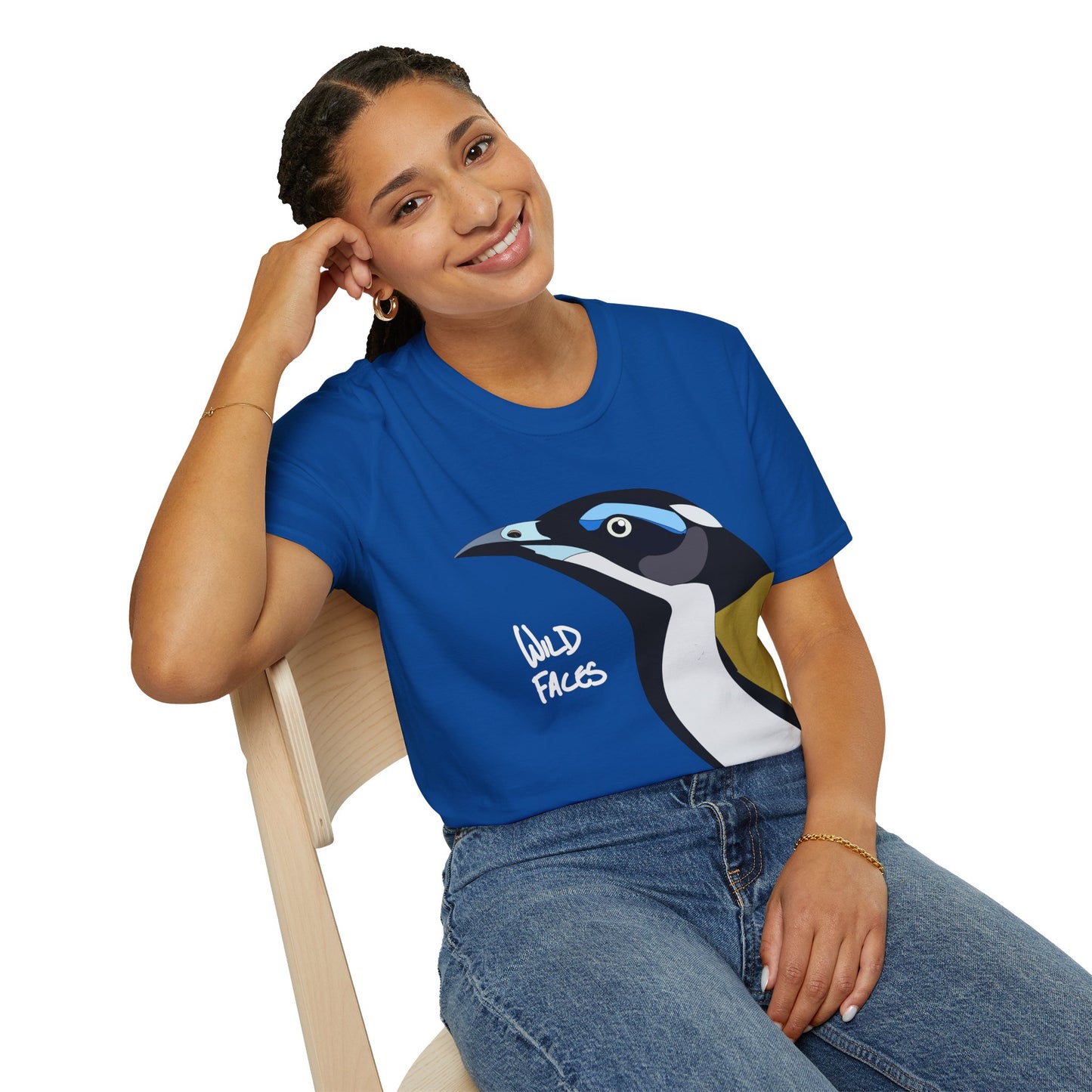 Blue-faced Honeyeater (white font)- Small design - Unisex Softstyle T-Shirt