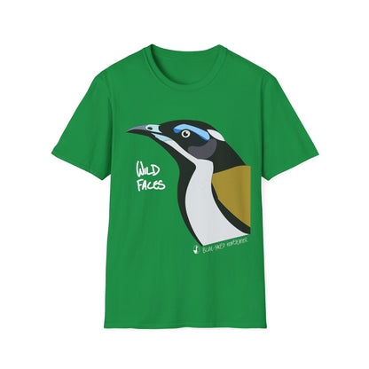 Blue-faced Honeyeater (white font)- Small design - Unisex Softstyle T-Shirt