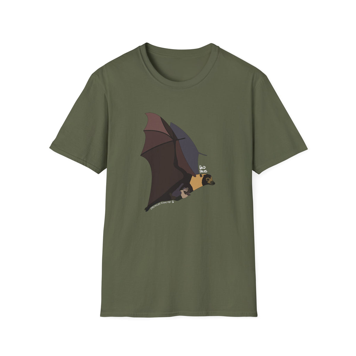 Spectacled Flying Fox (in flight, white writing) - Unisex Softstyle T-Shirt
