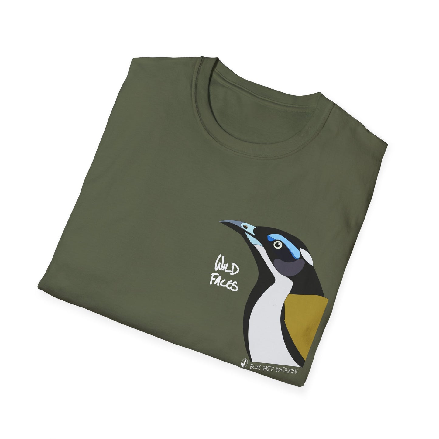 Blue-faced Honeyeater- Small design (white font)- Small design - Unisex Softstyle T-Shirt