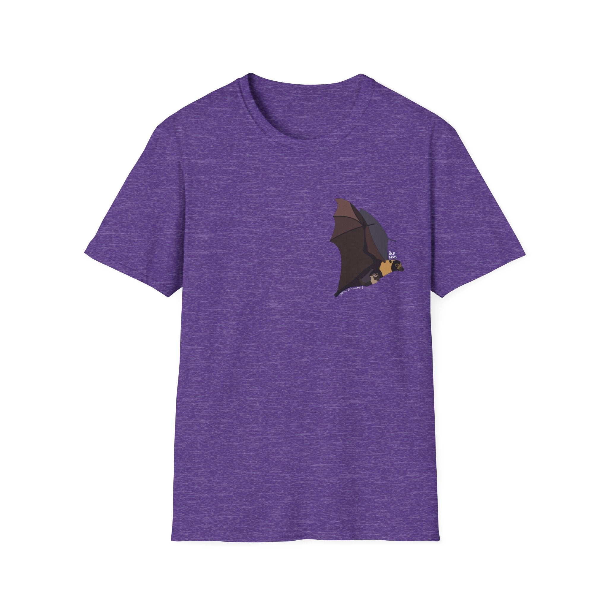 Spectacled Flying Fox (in flight, white writing) - Small design - Unisex Softstyle T-Shirt