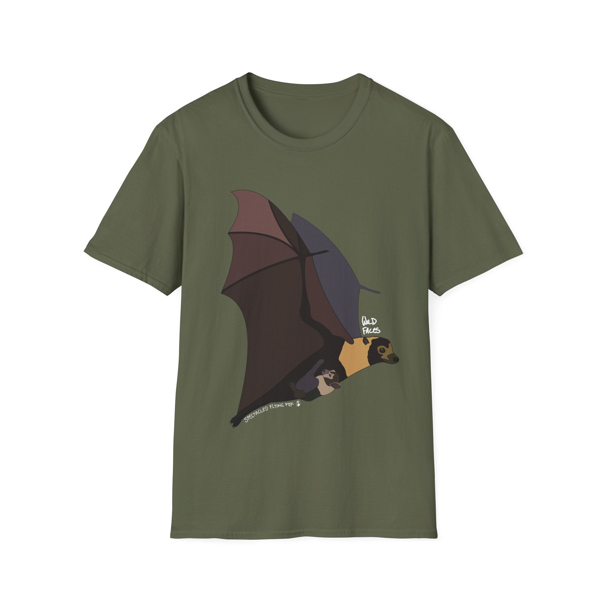 Spectacled Flying Fox (in flight, white writing) - Unisex Softstyle T-Shirt