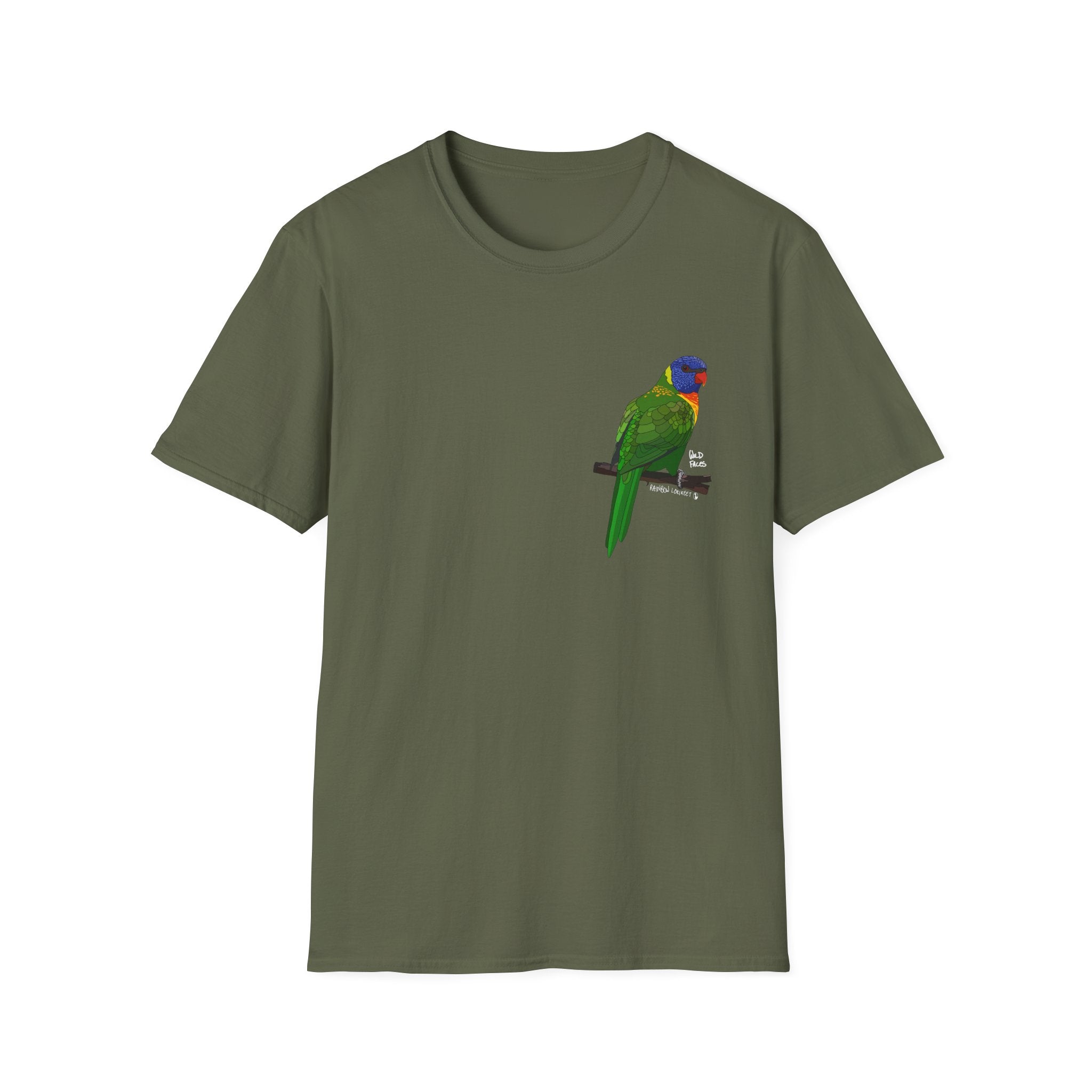 Rainbow Lorikeet (white writing) - Small design - Unisex Softstyle T-Shirt