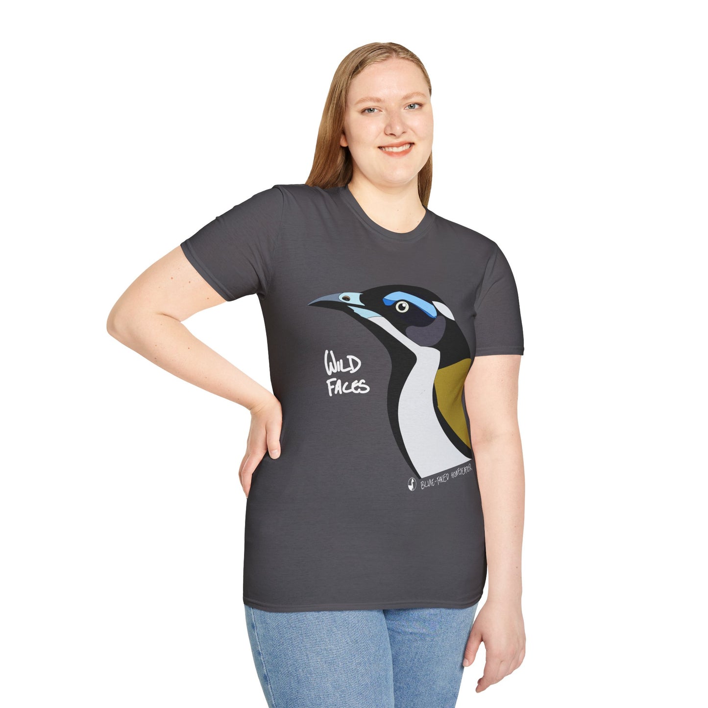 Blue-faced Honeyeater (white font)- Small design - Unisex Softstyle T-Shirt