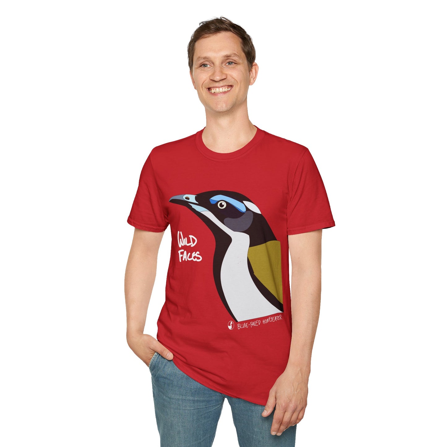 Blue-faced Honeyeater (white font)- Small design - Unisex Softstyle T-Shirt