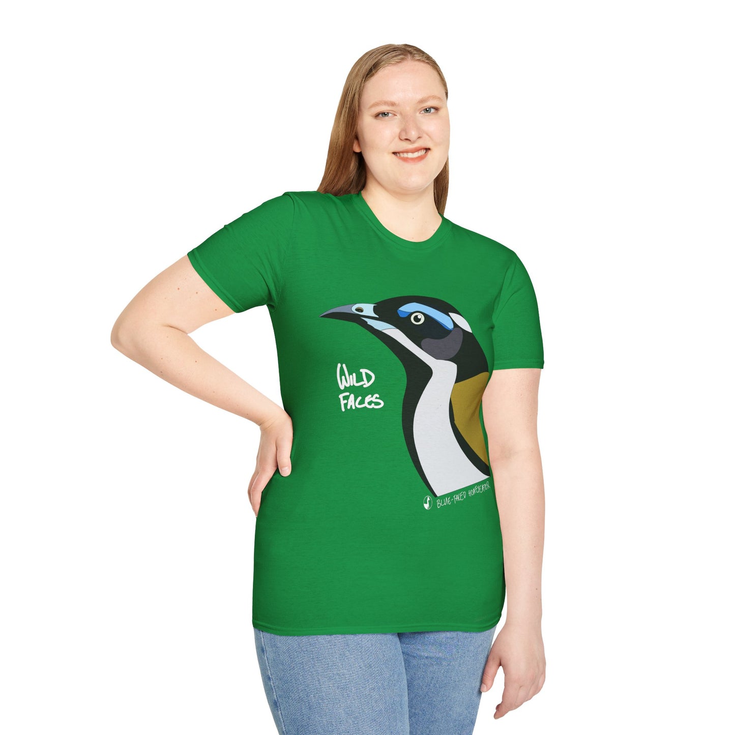 Blue-faced Honeyeater (white font)- Small design - Unisex Softstyle T-Shirt