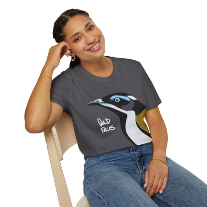 Blue-faced Honeyeater (white font)- Small design - Unisex Softstyle T-Shirt