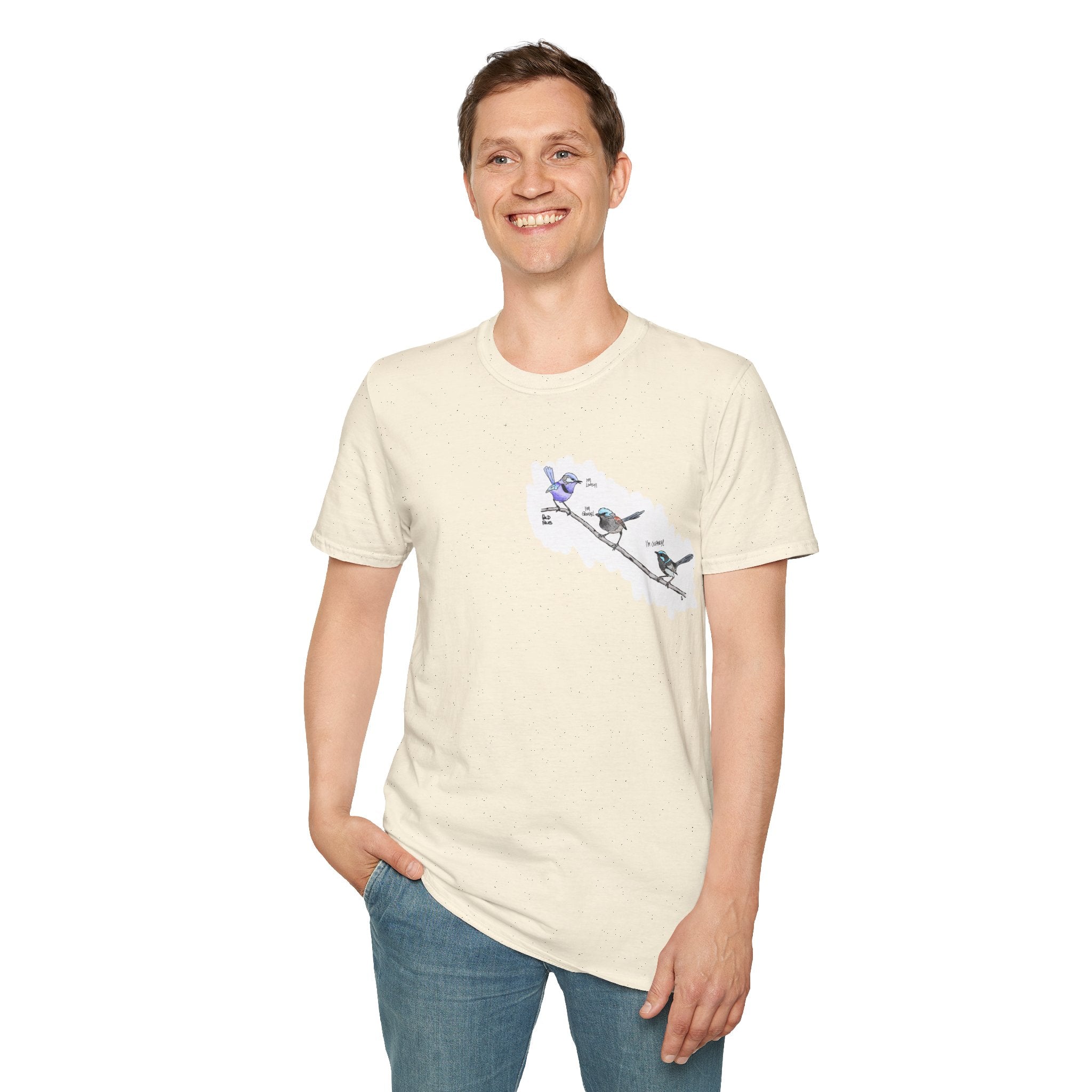 A trio of  Fairy-wrens (spendid, superb and lovely) - Small design - Unisex Softstyle T-Shirt Printify