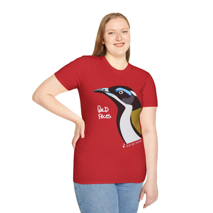 Blue-faced Honeyeater (white font)- Small design - Unisex Softstyle T-Shirt