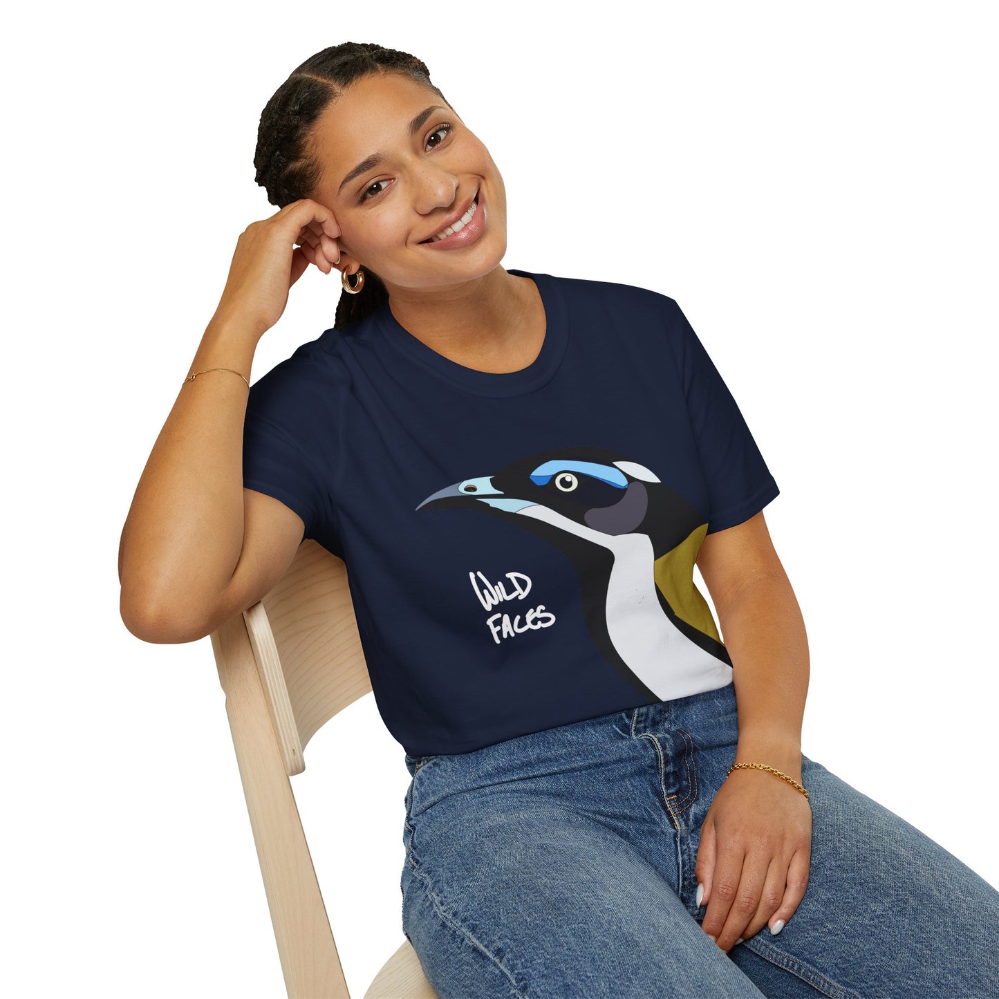 Blue-faced Honeyeater (white font)- Small design - Unisex Softstyle T-Shirt