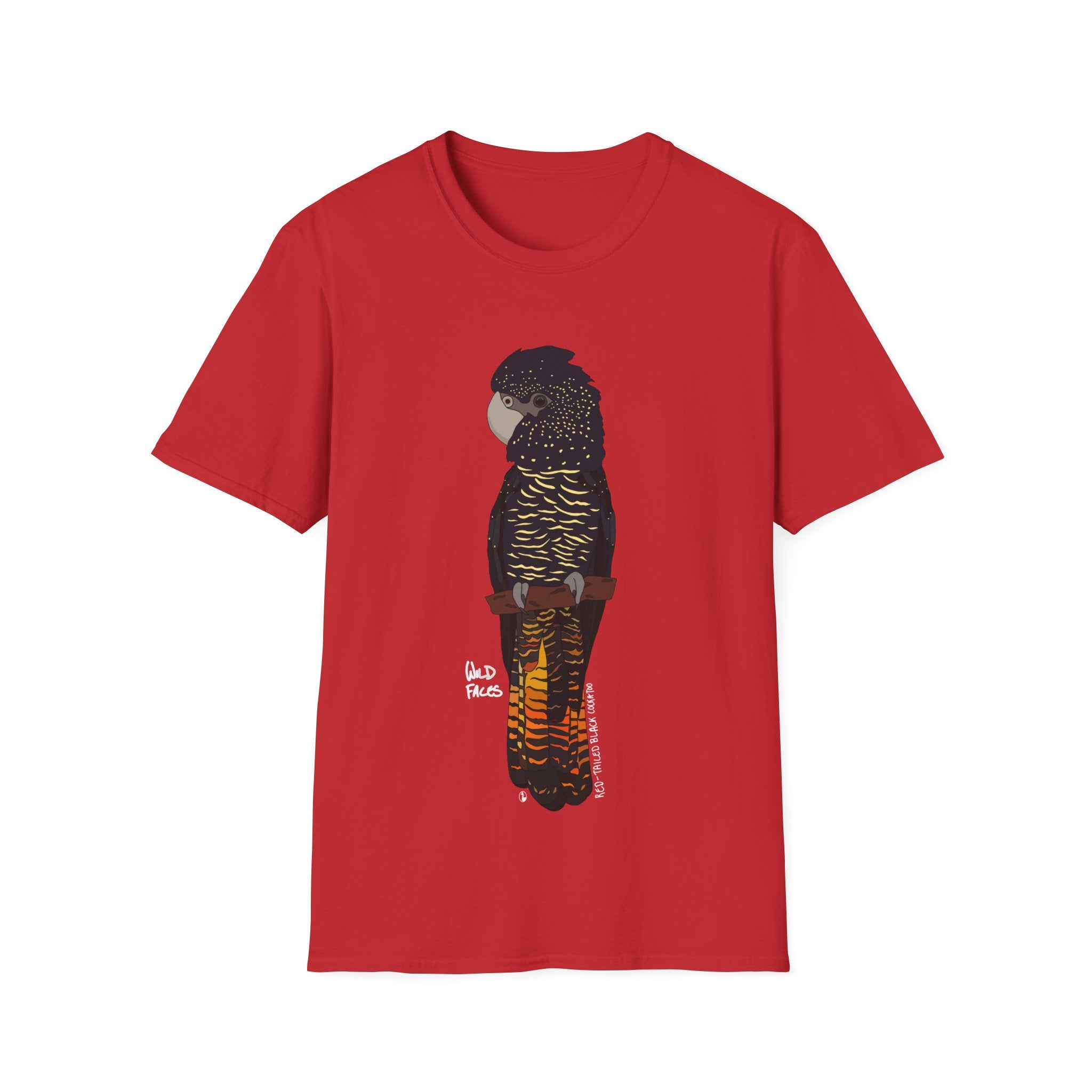 Red-tailed Black Cockatoo (white writing) - Unisex Softstyle T-Shirt