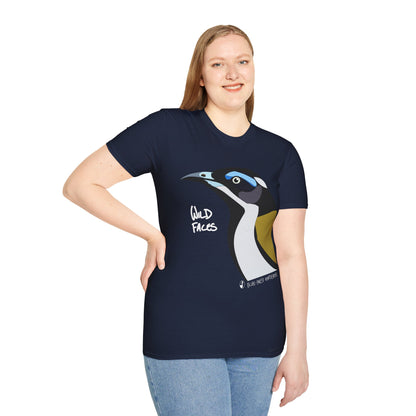 Blue-faced Honeyeater (white font)- Small design - Unisex Softstyle T-Shirt