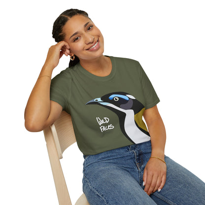 Blue-faced Honeyeater (white font)- Small design - Unisex Softstyle T-Shirt