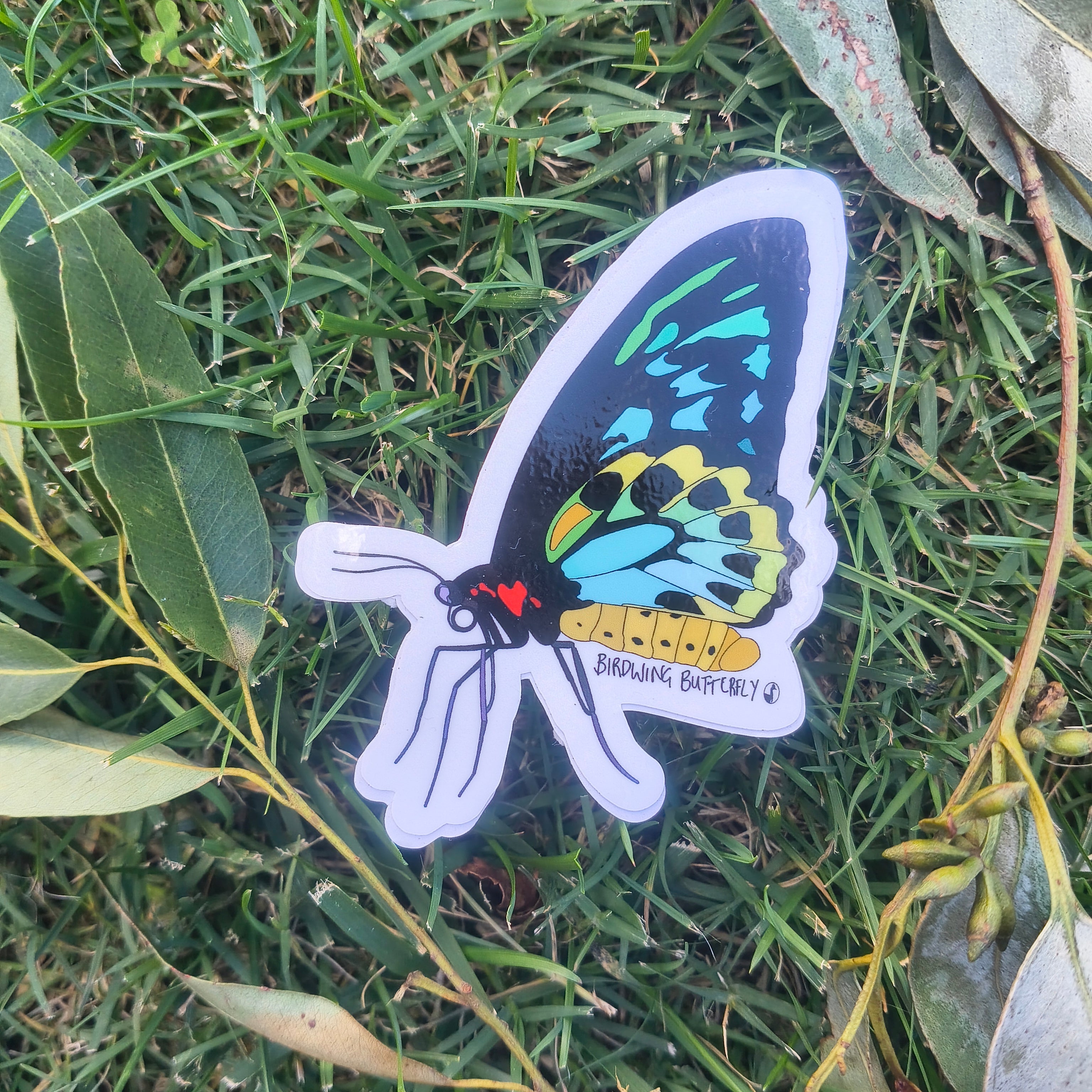 Colorful butterfly sticker on a grassy background